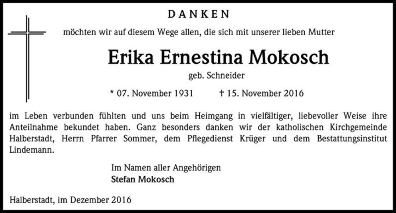  Traueranzeige für Erika Ernestina Mokosch (geb. Schneider)  vom 17.12.2016 aus Magdeburger Volksstimme