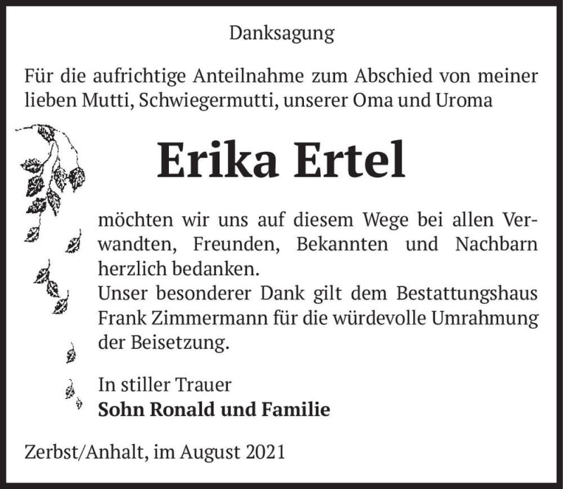  Traueranzeige für Erika Ertel  vom 21.08.2021 aus Magdeburger Volksstimme