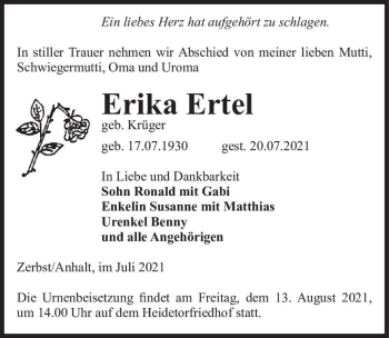 Traueranzeige von Erika Ertel (geb. Krüger)  von Magdeburger Volksstimme
