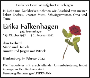 Traueranzeige von Erika Falkenhagen (geb. Frommhagen)  von Magdeburger Volksstimme