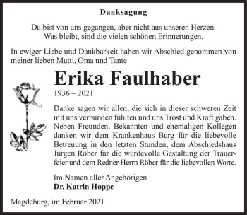 Traueranzeige von Erika Faulhaber  von Magdeburger Volksstimme