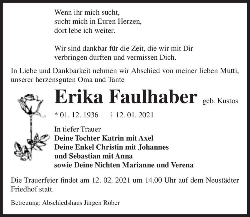 Traueranzeige für Erika Faulhaber (geb. Kustos)  vom 23.01.2021 aus Magdeburger Volksstimme