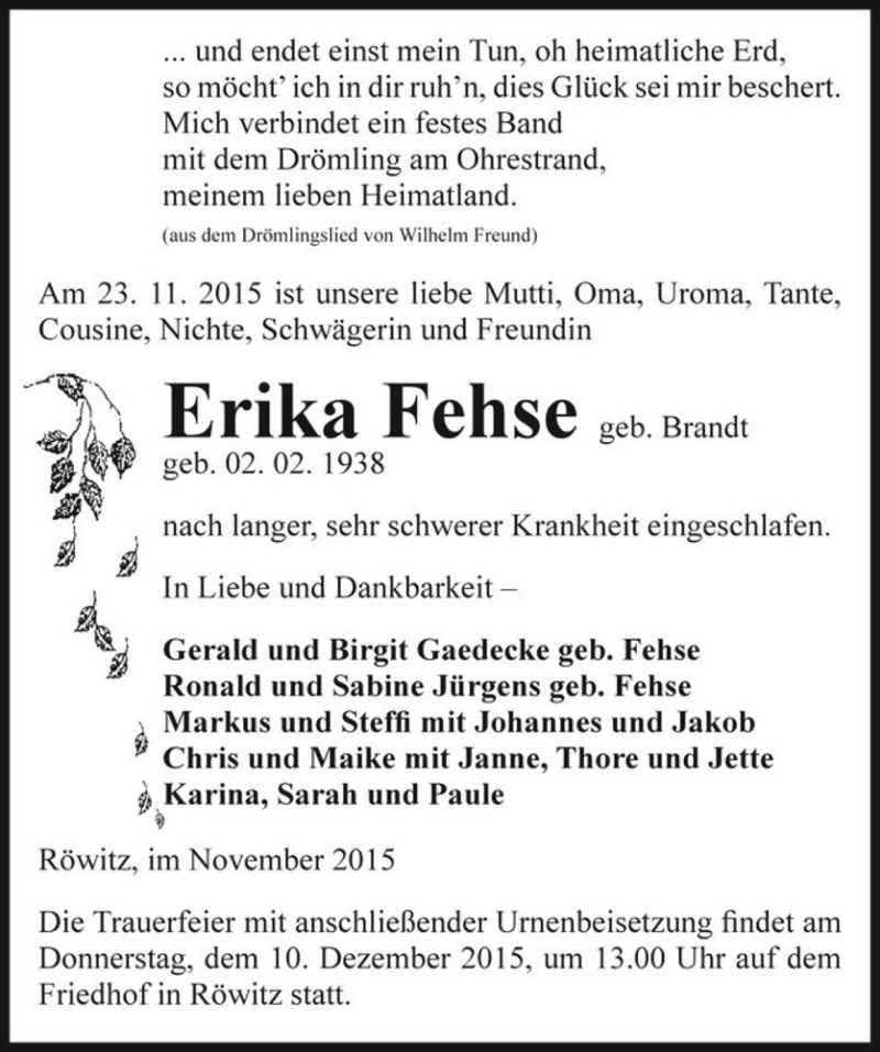  Traueranzeige für Erika Fehse (geb. Brandt)  vom 26.11.2015 aus Magdeburger Volksstimme