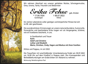 Traueranzeige von Erika Fehse (geb. Brüder)  von Magdeburger Volksstimme