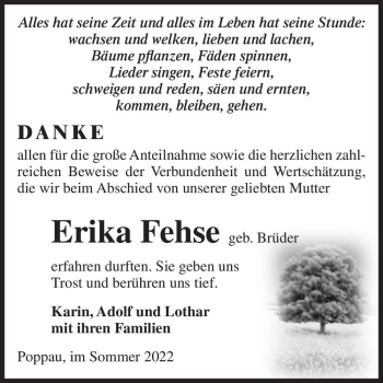 Traueranzeige von Erika Fehse (geb. Brüder)  von Magdeburger Volksstimme