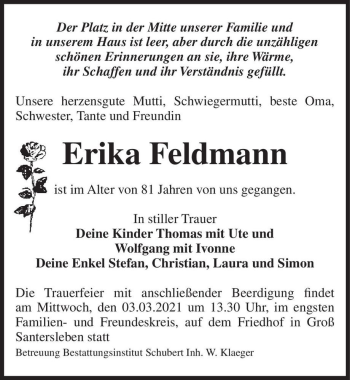 Traueranzeige von Erika Feldmann  von Magdeburger Volksstimme