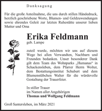 Traueranzeige von Erika Feldmann (geb. Lampe)  von Magdeburger Volksstimme