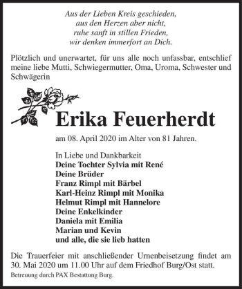 Traueranzeige von Erika Feuerherdt  von Magdeburger Volksstimme
