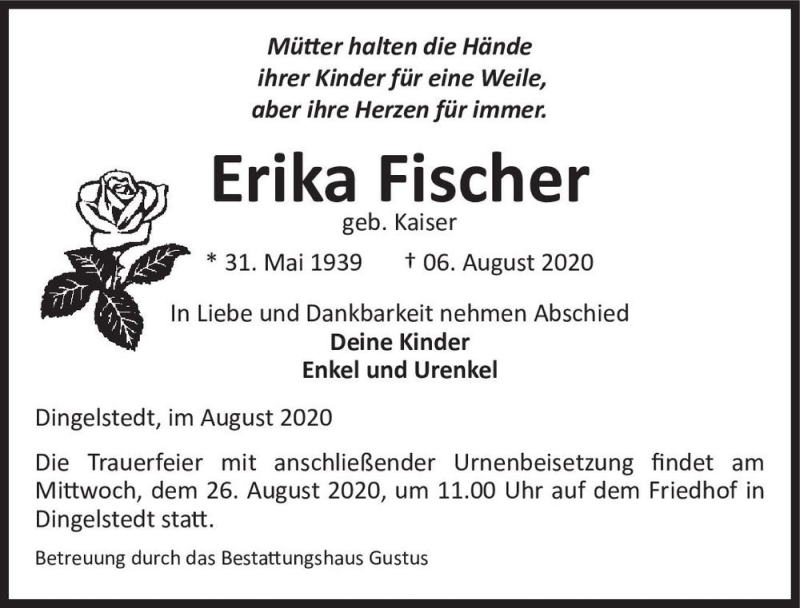  Traueranzeige für Erika Fischer (geb. Kaiser)  vom 15.08.2020 aus Magdeburger Volksstimme
