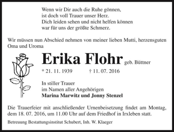 Traueranzeige von Erika Flohr (geb. Büttner)  von Magdeburger Volksstimme