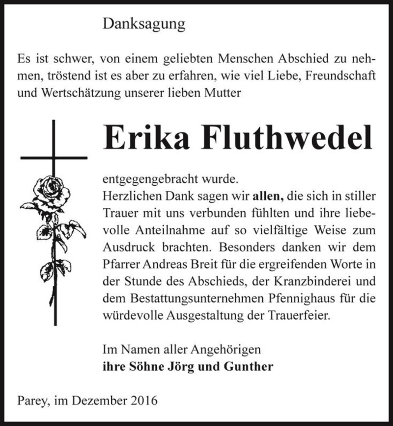  Traueranzeige für Erika Fluthwedel  vom 07.01.2017 aus Magdeburger Volksstimme