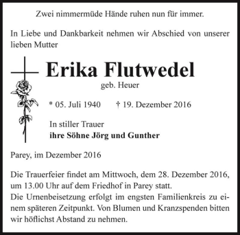Traueranzeige von Erika Flutwedel (geb. Heuer)  von Magdeburger Volksstimme