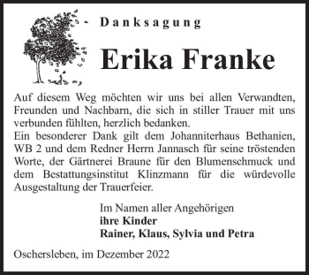 Traueranzeige von Erika Franke  von Magdeburger Volksstimme
