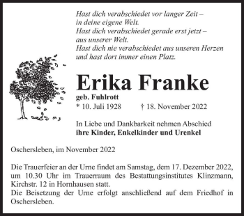 Traueranzeige von Erika Franke (geb. Fuhlrott)  von Magdeburger Volksstimme