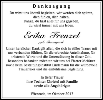 Traueranzeige von Erika Frenzel (geb. Baumgartl)  von Magdeburger Volksstimme