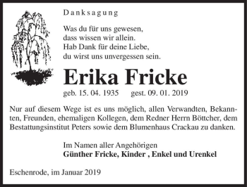 Traueranzeige von Erika Fricke  von Magdeburger Volksstimme
