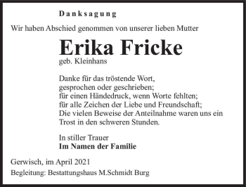 Traueranzeige von Erika Fricke (geb. Kleinhans)  von Magdeburger Volksstimme