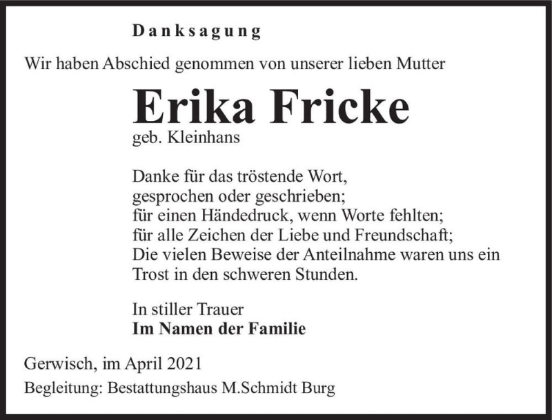  Traueranzeige für Erika Fricke (geb. Kleinhans)  vom 24.04.2021 aus Magdeburger Volksstimme