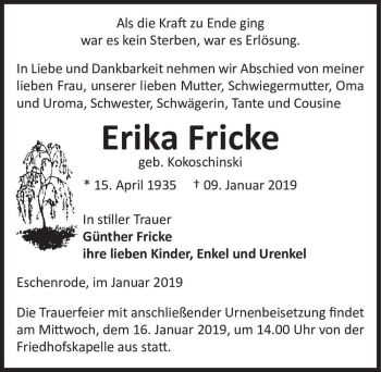 Traueranzeige von Erika Fricke (geb. Kokoschinski)  von Magdeburger Volksstimme