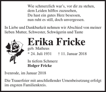 Traueranzeige von Erika Fricke (geb. Matheus)  von Magdeburger Volksstimme