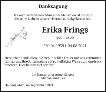 Traueranzeige von Erika Frings (geb. Jakob)  von Magdeburger Volksstimme