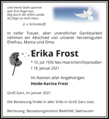 Traueranzeige von Erika Frost  von Magdeburger Volksstimme