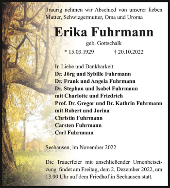 Traueranzeige von Erika Fuhrmann (geb. Gottschalk)  von Magdeburger Volksstimme