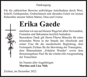 Traueranzeige von Erika Gaede  von Magdeburger Volksstimme