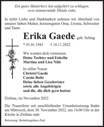 Traueranzeige von Erika Gaede (geb. Schlag)  von Magdeburger Volksstimme