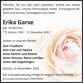 Traueranzeige von Erika Garve (geb. Dankemeier)  von Magdeburger Volksstimme