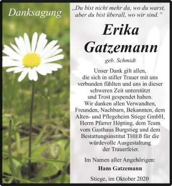 Traueranzeige von Erika Gatzemann (geb. Schmidt)  von Magdeburger Volksstimme