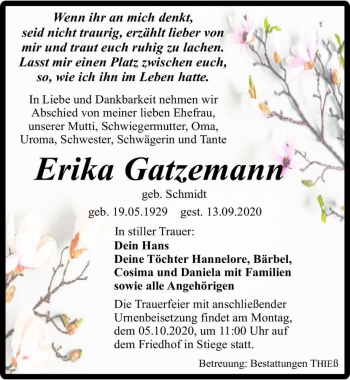Traueranzeige von Erika Gatzemann (geb. Schmidt)  von Magdeburger Volksstimme