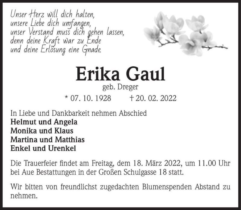  Traueranzeige für Erika Gaul (geb. Dreger)  vom 26.02.2022 aus Magdeburger Volksstimme