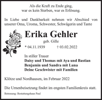 Traueranzeige von Erika Gehler (geb. Gille)  von Magdeburger Volksstimme