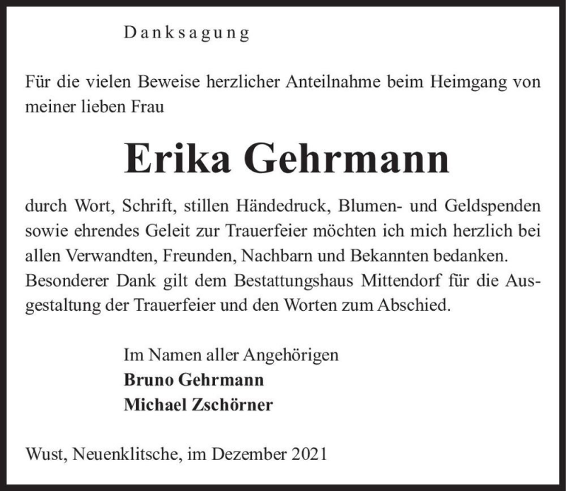  Traueranzeige für Erika Gehrmann  vom 31.12.2021 aus Magdeburger Volksstimme