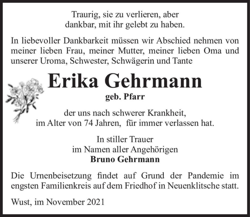  Traueranzeige für Erika Gehrmann (geb. Pfarr)  vom 04.12.2021 aus Magdeburger Volksstimme