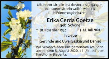 Traueranzeige von Erika Gerda Goetze (geb. Schöne)  von Magdeburger Volksstimme
