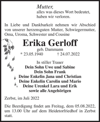 Traueranzeige von Erika Gerloff (geb. Dammann)  von Magdeburger Volksstimme