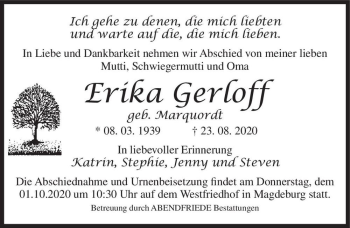 Traueranzeige von Erika Gerloff (geb. Marquordt)  von Magdeburger Volksstimme