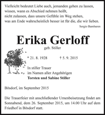 Traueranzeige von Erika Gerloff (geb. Stiller)  von Magdeburger Volksstimme