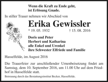 Traueranzeige von Erika Gewissler  von Magdeburger Volksstimme