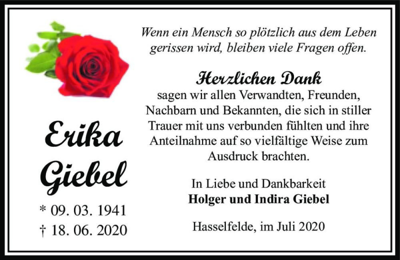  Traueranzeige für Erika Giebel  vom 18.07.2020 aus Magdeburger Volksstimme