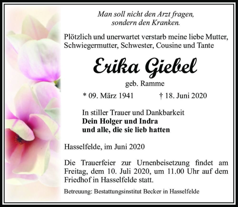  Traueranzeige für Erika Giebel (geb. Ramme)  vom 04.07.2020 aus Magdeburger Volksstimme