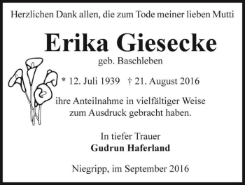 Traueranzeige von Erika Giesecke (geb. Baschleben)  von Magdeburger Volksstimme