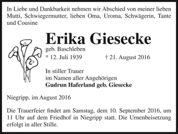 Traueranzeige von Erika Giesecke (geb. Baschleben)  von Magdeburger Volksstimme