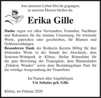 Traueranzeige von Erika Gille  von Magdeburger Volksstimme