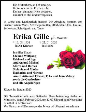 Traueranzeige von Erika Gille (geb. Mostolta)  von Magdeburger Volksstimme