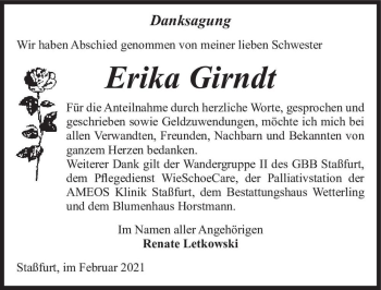 Traueranzeige von Erika Girndt  von Magdeburger Volksstimme