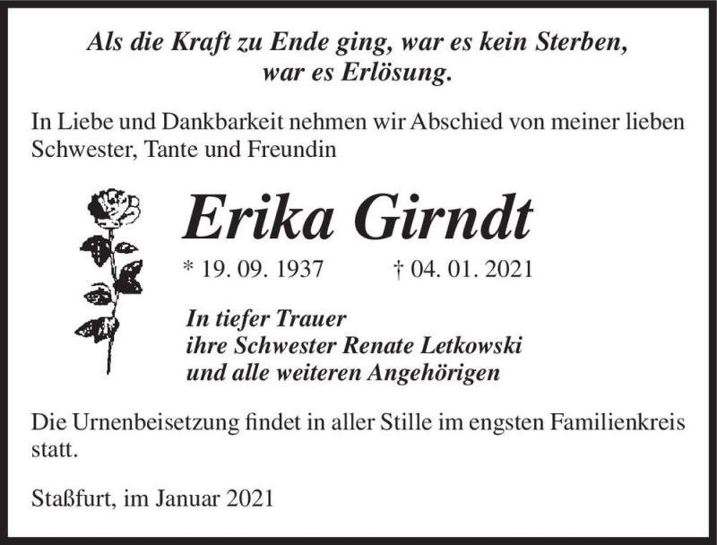  Traueranzeige für Erika Girndt  vom 09.01.2021 aus Magdeburger Volksstimme
