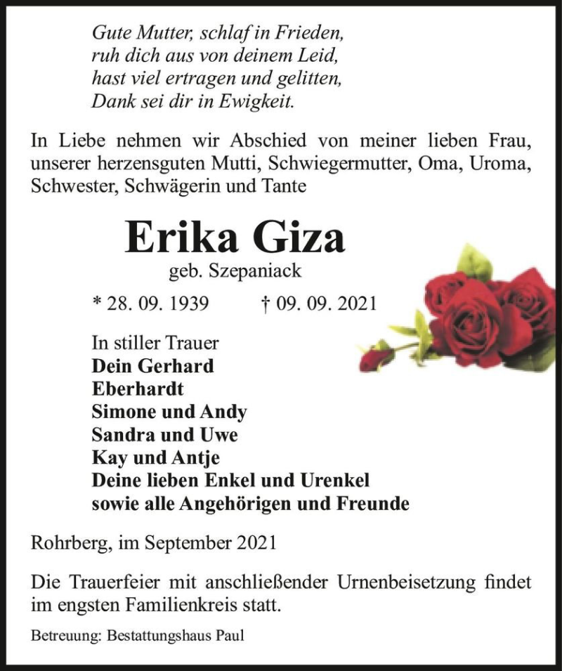  Traueranzeige für Erika Giza (geb. Szepaniack)  vom 11.09.2021 aus Magdeburger Volksstimme